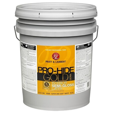 Pratt & Lambert ProHide Gold Ultra Z8380 Z838920 Interior Paint, SemiGloss, Super OneCoat White, 5 gal 0000Z8389-20